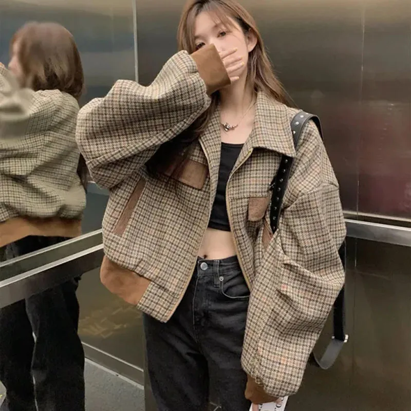 

Vintage Houndstooth Coat Women Baseball Cropped Tops Zipper Patchwork Long Sleeve Jacket Plaid Short Winter Female Outwear