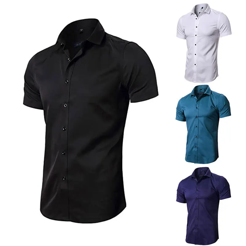 

Short Sleeve Shirt Men Hot Sale Stretch Solid Color Social Business Shirts No Ironing camisas Summer Men Office Clothing MY1011