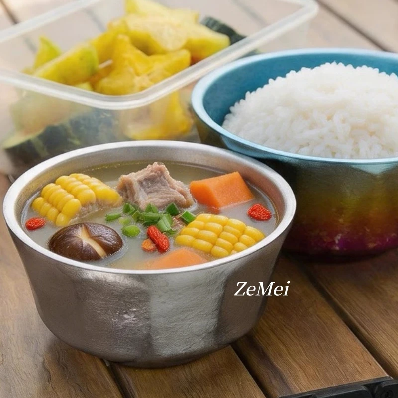 Pure Titanium Thickened Salad Bowl,Multicolor Double-Layer Hexagonal Shape Texture Camping Home Food Storage Soup Bowl Tableware
