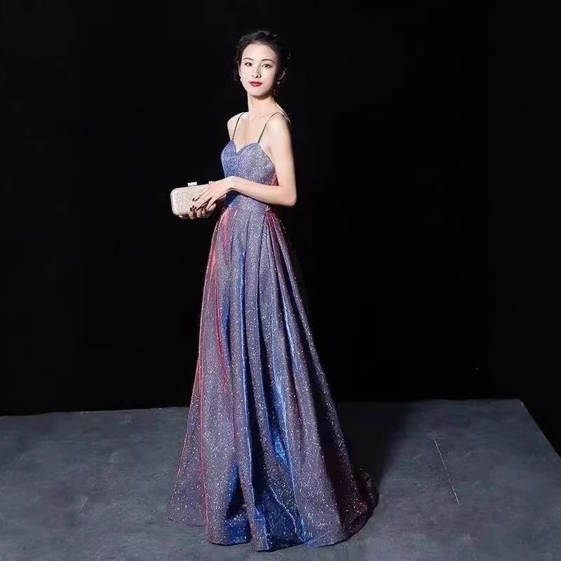 ชุดราตรีผู้หญิงแขนกุดไล่เฉดสีแบบสายเดี่ยวยาวกรอมพื้นทรงเอไลน์สำหรับงานปาร์ตี้หรูหราเอวสูงชุดราตรีออกงานกลางคืน