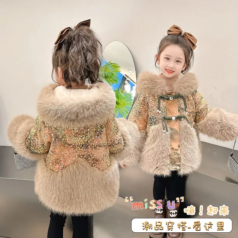 Winter Warm Jackets New Year Cotton Coats Cute Girls Jackets Baby Plus Velvet Thick  Kids Hooded Outerwear Children Shiny Coat