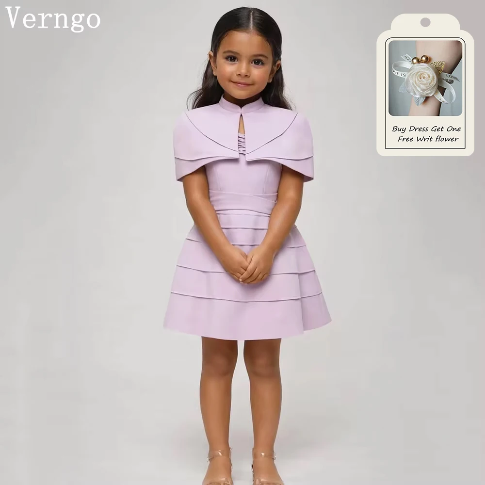 Verngo Simple Lavender Mini Girl Fowers Dress Crepe Tiered Birthday Party Dresses Short Sleeves Kid Prom Gown Customized