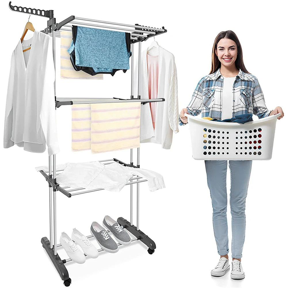 Tendedero plegable de 4 niveles, soporte para secadora de ropa con 4 ruedas, estante de almacenamiento para toallas, ropa, zapatos, lino