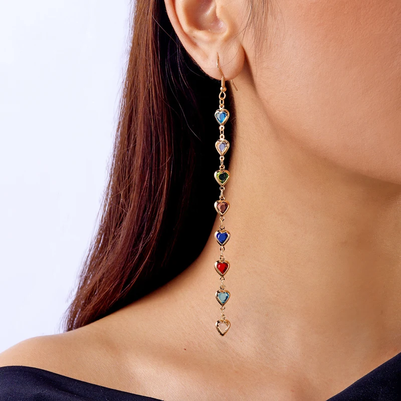 Sweet Long Copper Earrings Heart Framed Tassel Colored Geometric Round Colored Rhinestones Trendy Fashion Jewelry For Women