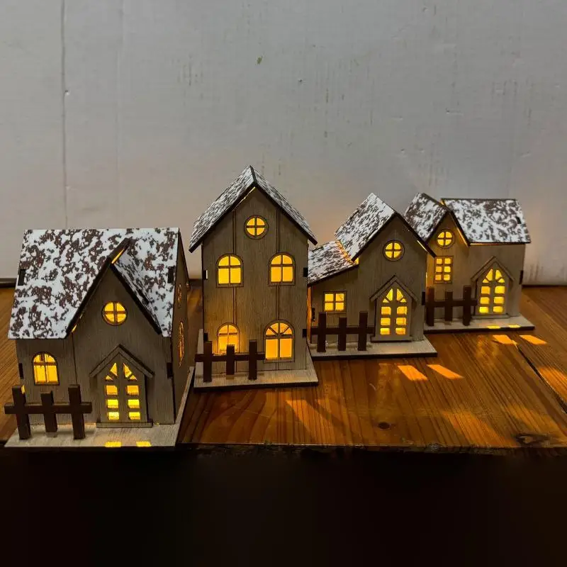 (Ce14)Wooden Lighted Christmas Houses With Warm LED Glow And Snow Frosted Roofs Perfect For Holiday Home Table Decor