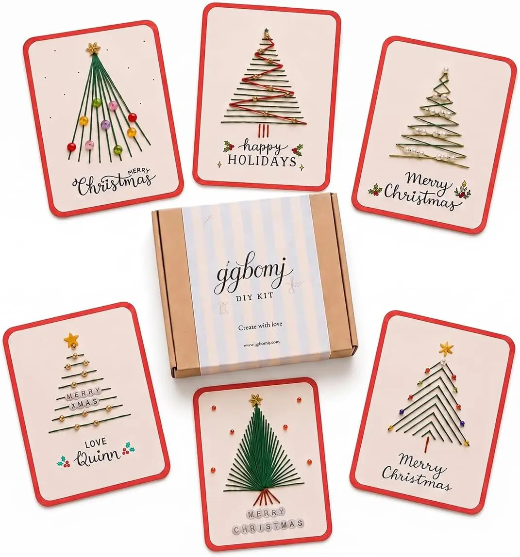 Christmas Happy DIY Set, a Set for Sewing Greeting Cards by Hand, including Marking Sewing Points, Colored Thread and Beads