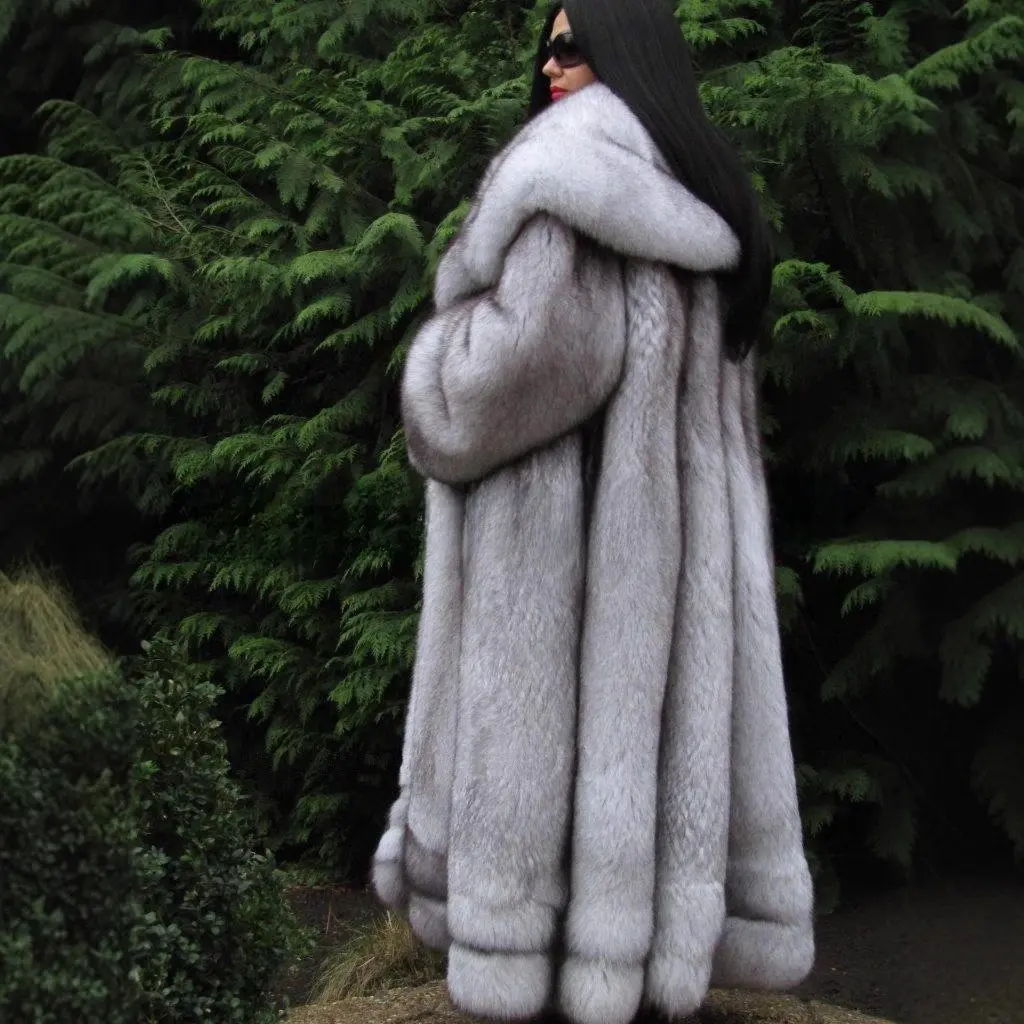 

Women's Fox Fur Coat Gray White Hooded Loose Fit Warm Autumn Winter Outerwear Imitation Fur Jacket Style