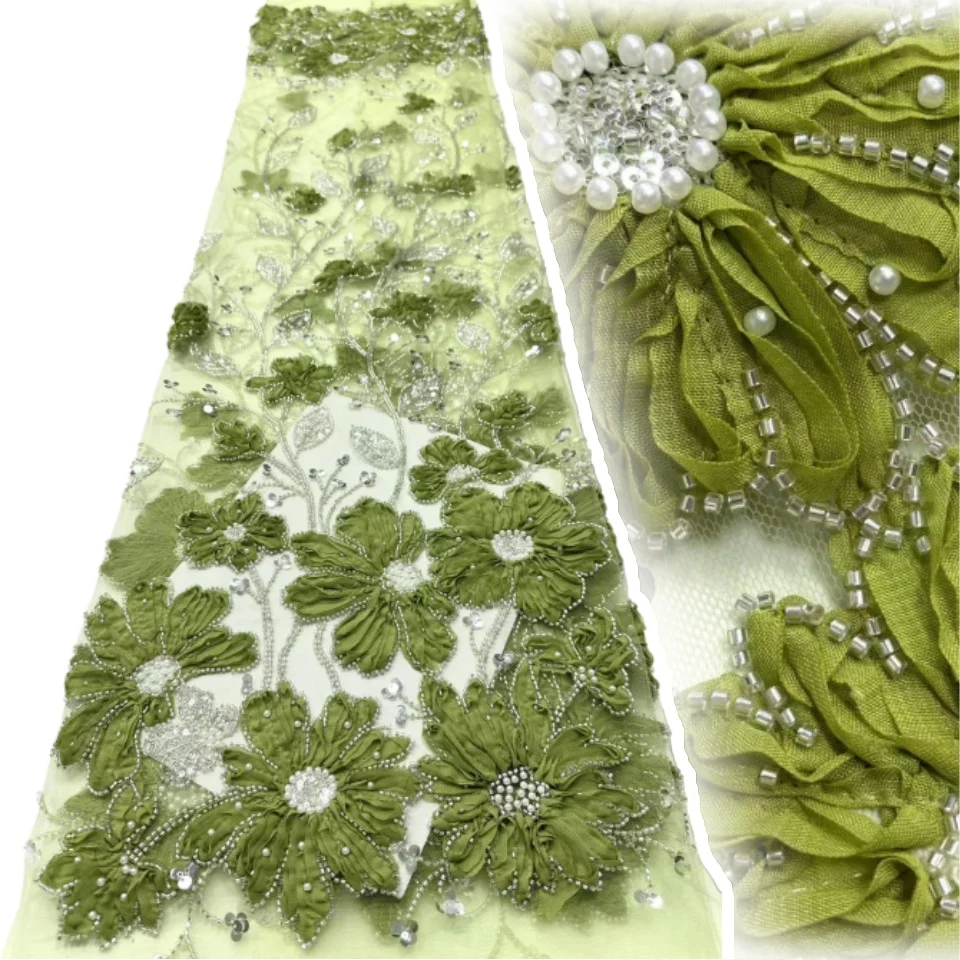 

5 ярдов, высокое качество, французский тюль, сетка, 3D ткани с блестками, роскошная кружевная ткань с бисером, африканское нигерийское кружево для свадебного платья CC1335