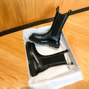 Giày da Chelsea chính hãng dành cho phụ nữ, giày nền, không có dây buộc, đàn hồi, đen, mùa thu và mùa đông 8 Bán hàng chính Bota Platform Leather - №7