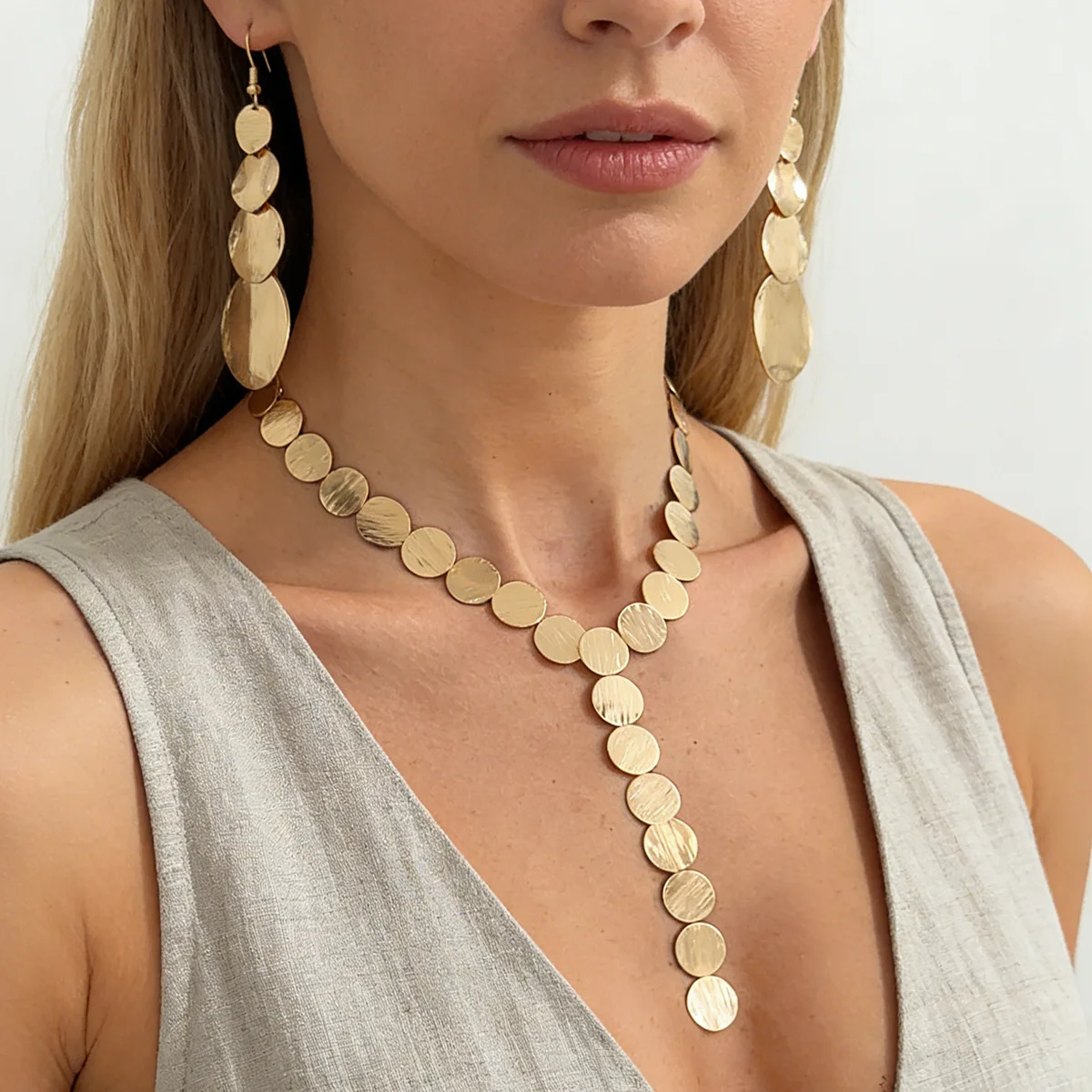Long Y Shape Geometric Spliced Disc Necklace Polished Scratch Texture Tassel Chain for Women Everyday Elegant Gift