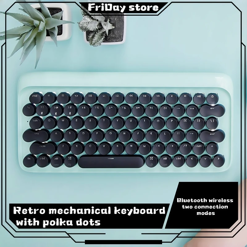 Dot Retro Mechanical Keyboard Bluetooth Wireless Two Connection Modes Green Axis Office Entertainment Laptop Tablet Available