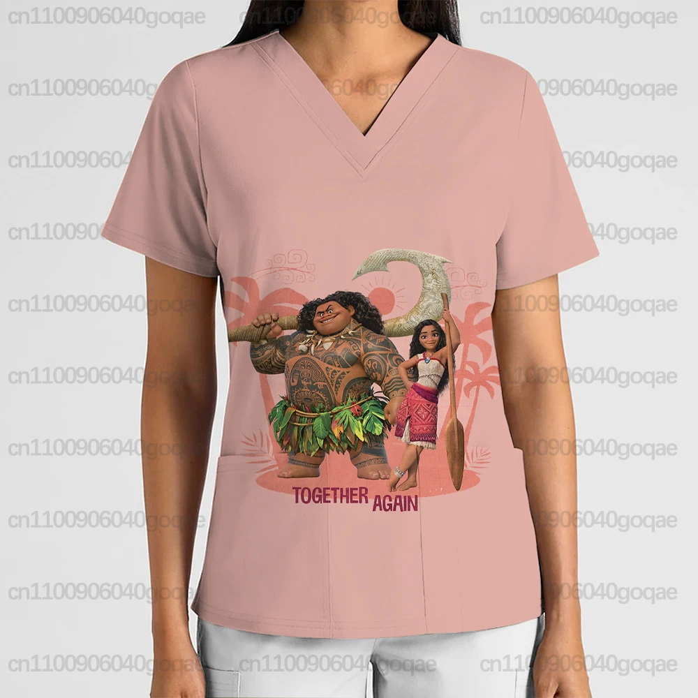 Disney Moana Ocean Girl Print Dames Verpleegstersuniform V-hals Korte Mouw Frosted Top Schoonheidssalon Dierenwinkel Tandarts T-shirt