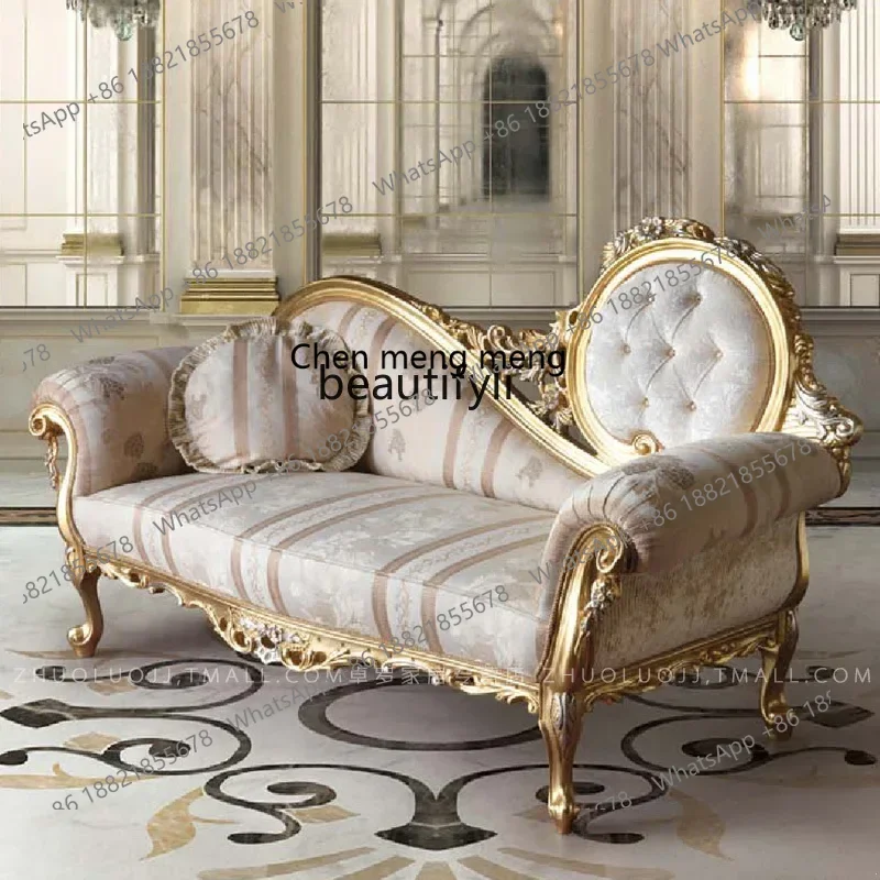 European style end stool bedroom sofa luxury fabric living room chaise longue wood carving flower recliner2936