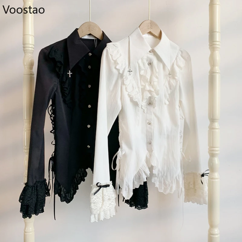 Victorian Gothic Lolita Shirt Women Vintage Y2k Ruffles Cross Lace Ruffles Long Sleeve Blouses Female Elegant Bandage Slim Tops