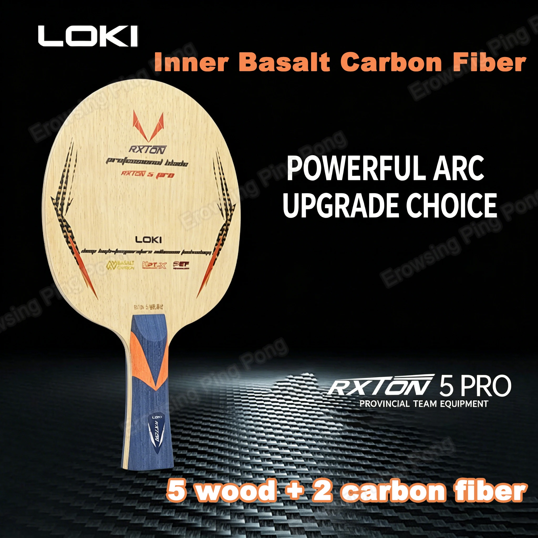 Настольная теннисная ракетка LOKI RXTON 5 PRO: профессиональная, из базальтового углеродного волокна, для быстрой атаки, с изогнутой ручкой