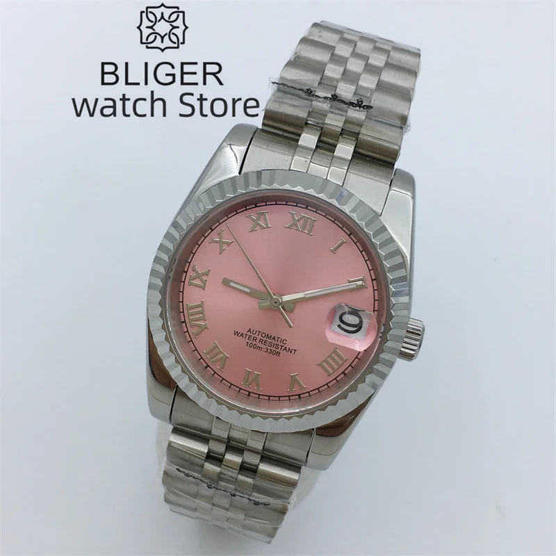 BLIGER NH35A movimento 36MM 39MM orologio da uomo roma Index quadrante rosa lunetta scanalata orologio in vetro zaffiro bracciale in acciaio