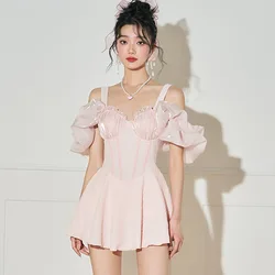 wisuwore 2023 Korea Style One Piece Swimsuit Women Solid Sexy Swimwear Pink Ruffled Sexy Swimwear Beach Pool Thong Monokini