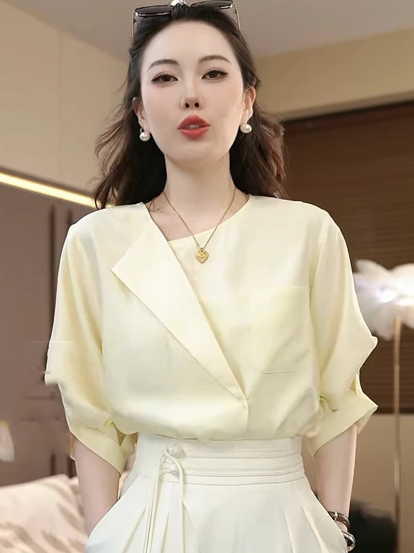 

Элегантная, нежная, однотонная, высококачественная летняя модная рубашка с короткими рукавами, топ Gtuq, интеллектуальная женская мода в корейском стиле Loo...