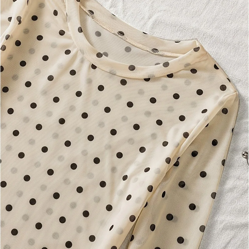 Classic Transparent Polka Dot T-Shirt Leopard Round Neck Long Sleeve T-Shirt Slim Fitted Mesh Top Office Wear