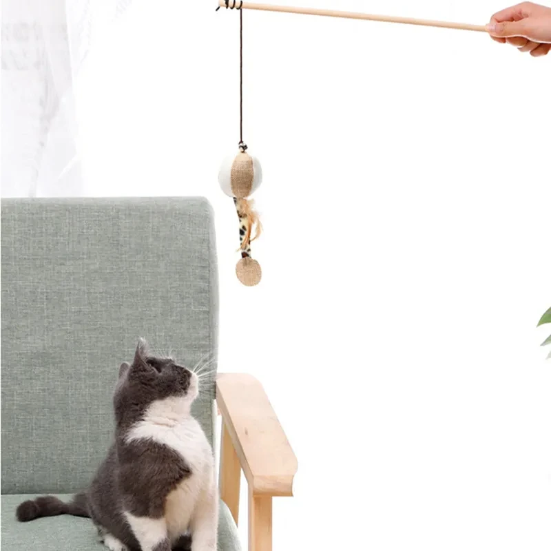 1 unidad de juguetes de plumas Teaser, varita colorida divertida para gatito, varita para gato, juguetes de madera para mascotas, palo interactivo,