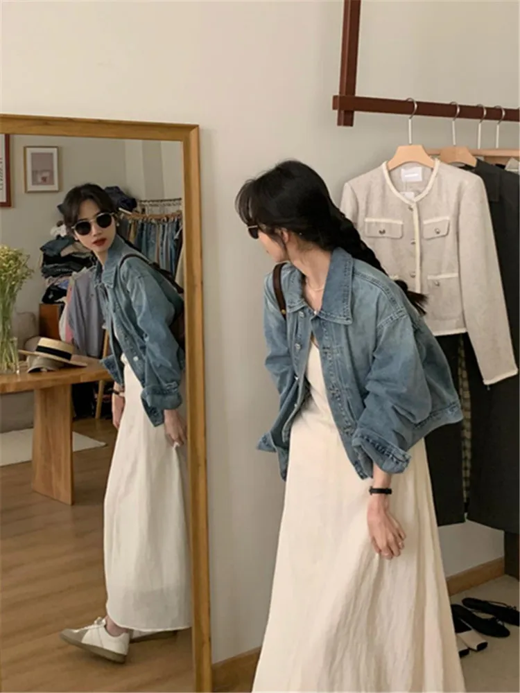 Streetwear Short Denim Jacket for Women 2023 Spring Fall Lapel Single Breasted Harajuku Casual Female Clothes Jean Coat Chaqueta