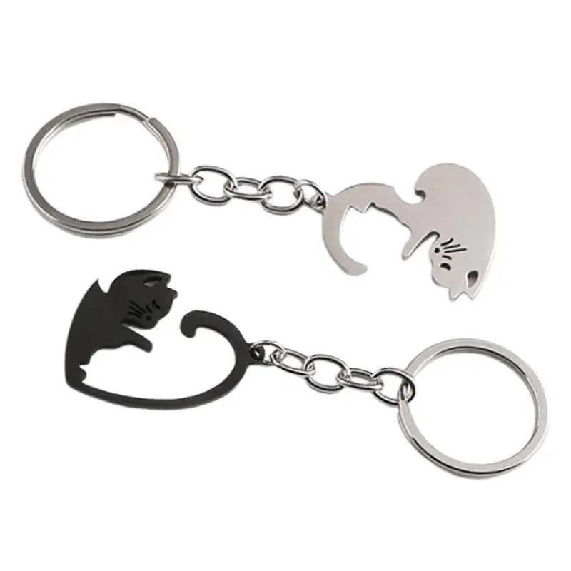 Cute Matching Cat Keychain Black And White Cat Puzzle Keyring Heart-shaped Keychains For Him And Her