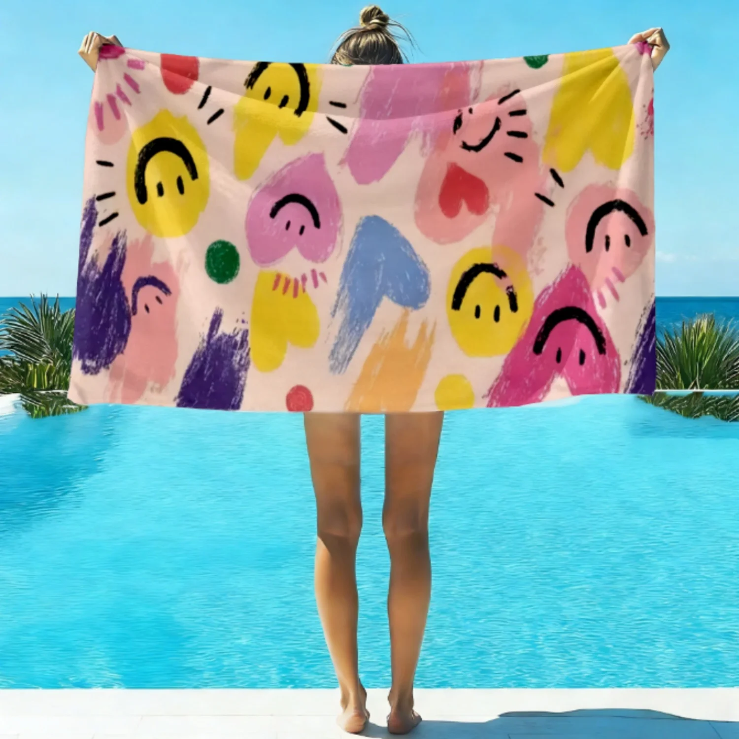 Smile Pattern Soft Absorbent Beach Blanket Towel Quick Dry Multi-Size Flat Print Design for Pool Camping Travel