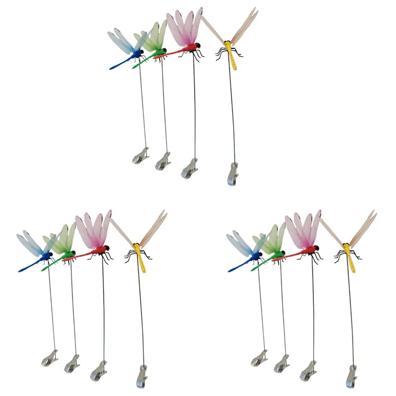 

12X Fake Dragonfly Clip Waterproof Outdoor 3D Dragonfly Clips Patio Ornaments Crafts Fake Dragonfly Clip