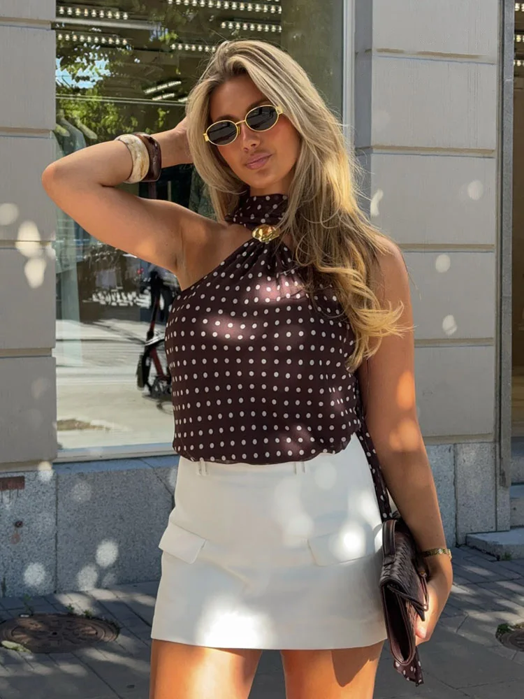 HH Woman Summer Elegant Sleeveless Backless Sexy Neck Halter Top Women Polka Dot Printed Scarf Metal Buckle Slim Party Top