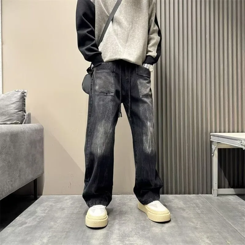 

Свободные мужские джинсы с прямыми штанинами, повседневные американские брюки, осень-зима, большие размеры 250, джинсовые брюки с завязками на талии