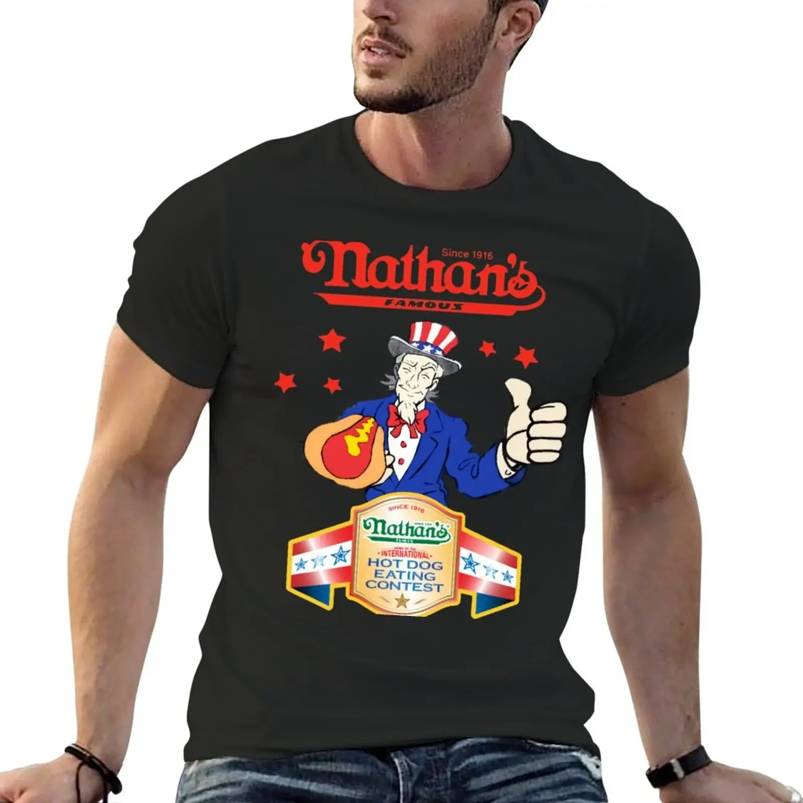 

Nathan_s Famous, Hot Dog Cont T-Shirt anime clothes cute tops vintage clothes plain black t shirts men