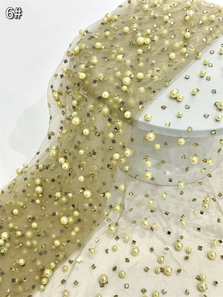 Tessuto di pizzo con perline pesanti per abito da sera, ricamo di pietre fatte a mano, cristallo da sposa, tessuto di pizzo francese di lusso, 2025