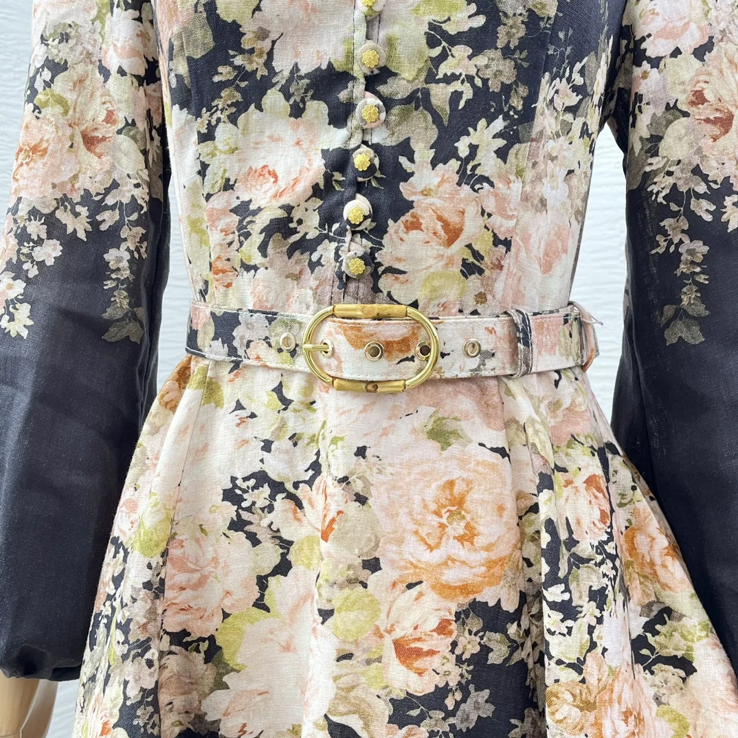 

Black High Quality Floral Print Full Lantern Sleeve Belted Women Re-tro Mini Dress