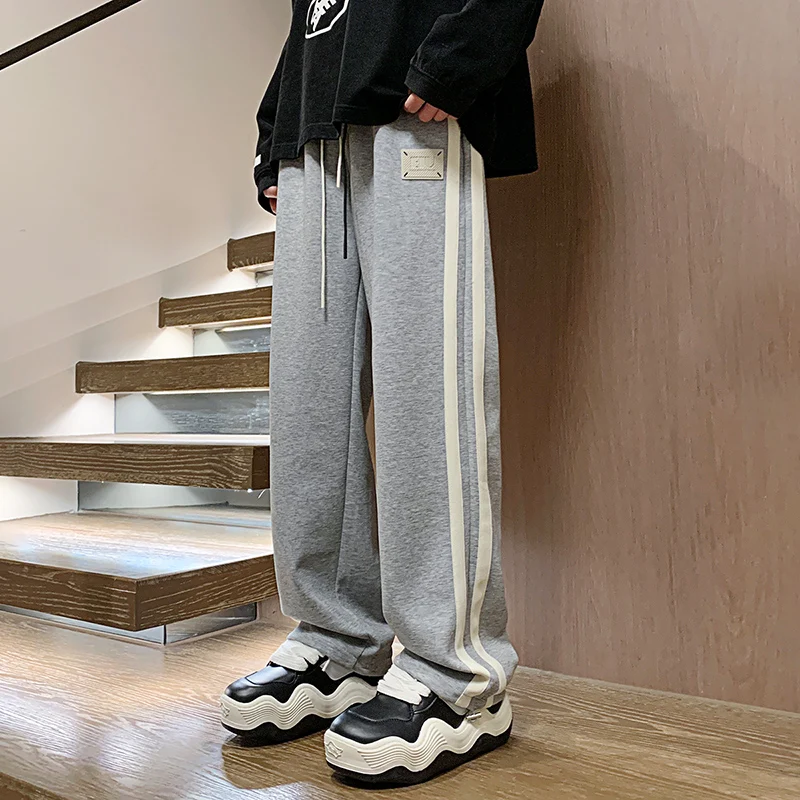 New Mens Sweatpants Side Double Striped Oversized Straight Trousers Stretch Drawstring Freedom Casual Joggers Pants Male