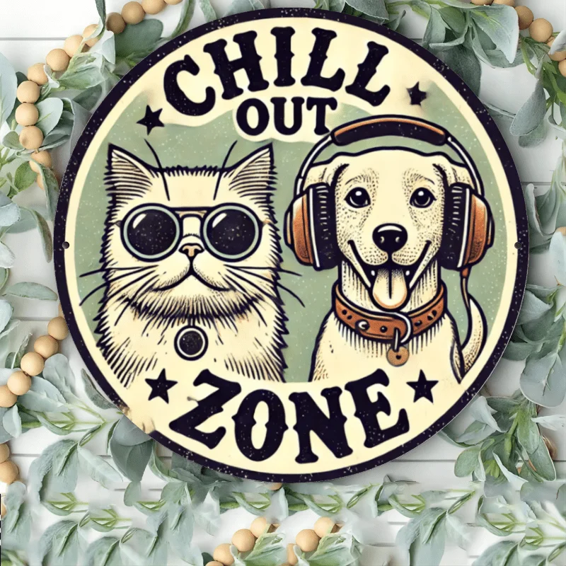 2D Flat, Chill Out Zone Pet Relaxation Sign - Vintage Metal Wall Decor with Cats & Dogs in Headphones, 