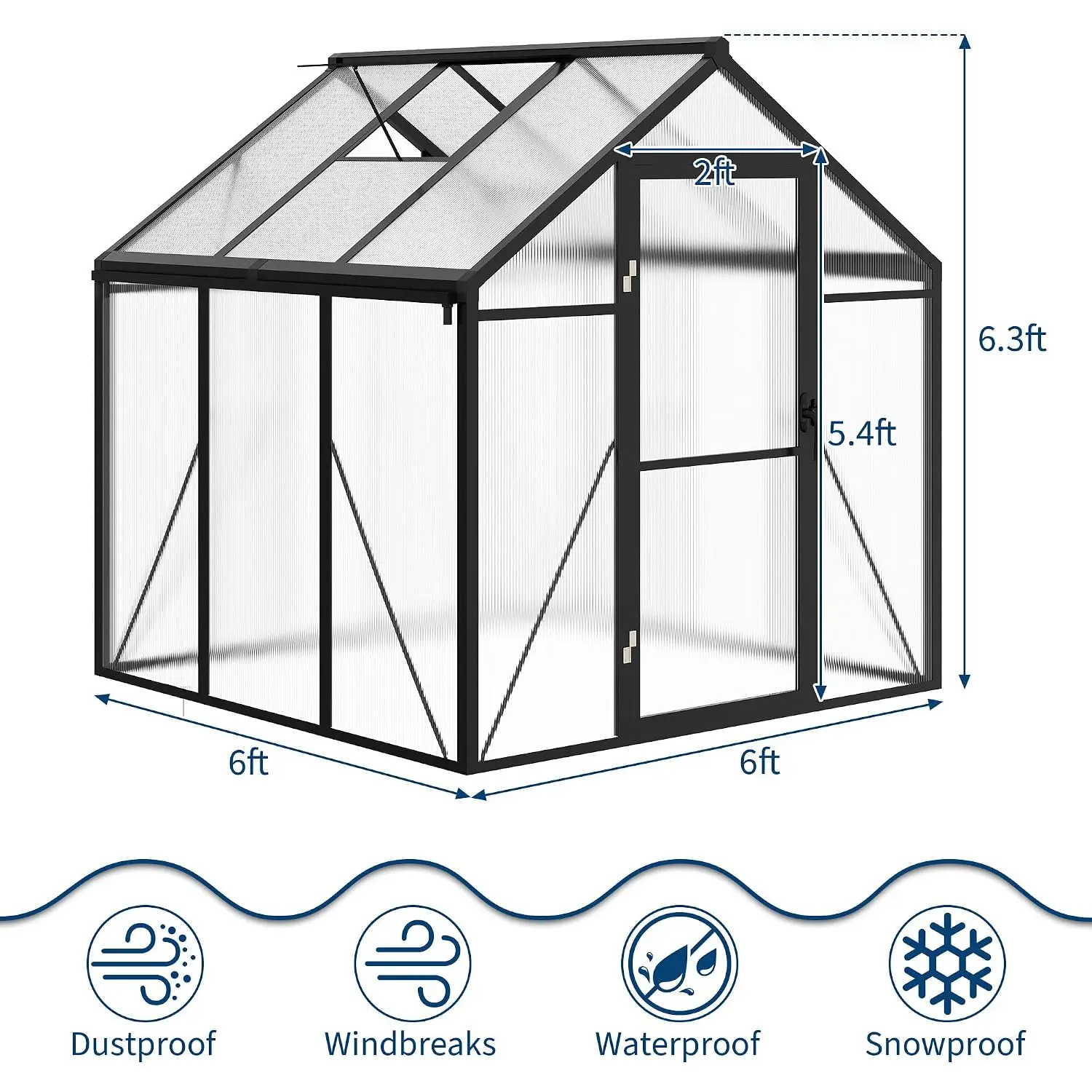 6x6 FT Walk-in Greenhouse Polycarbonate Aluminum Frame Roof Vent Quick Setup Outdoor Garden Planting, Customized