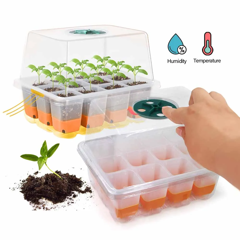 12 Cell Seedling Starter Tray Adjustable Vents Transparent Cover Indoor Garden Greenhouse Plants Nursery Potting Germination Box