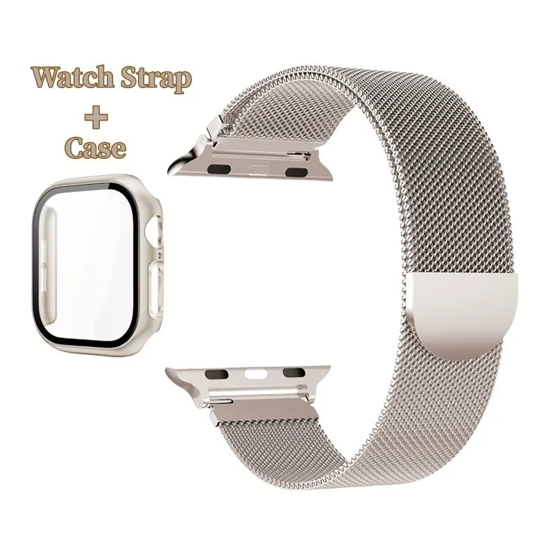 

Starlight Milan Metal Strap+Case For Apple Watch 46mm 42mm 38 40 41 44 49 45mm PC Glass iWatch Series 11 10 9 8 7 6 5 4 Ultra3/2