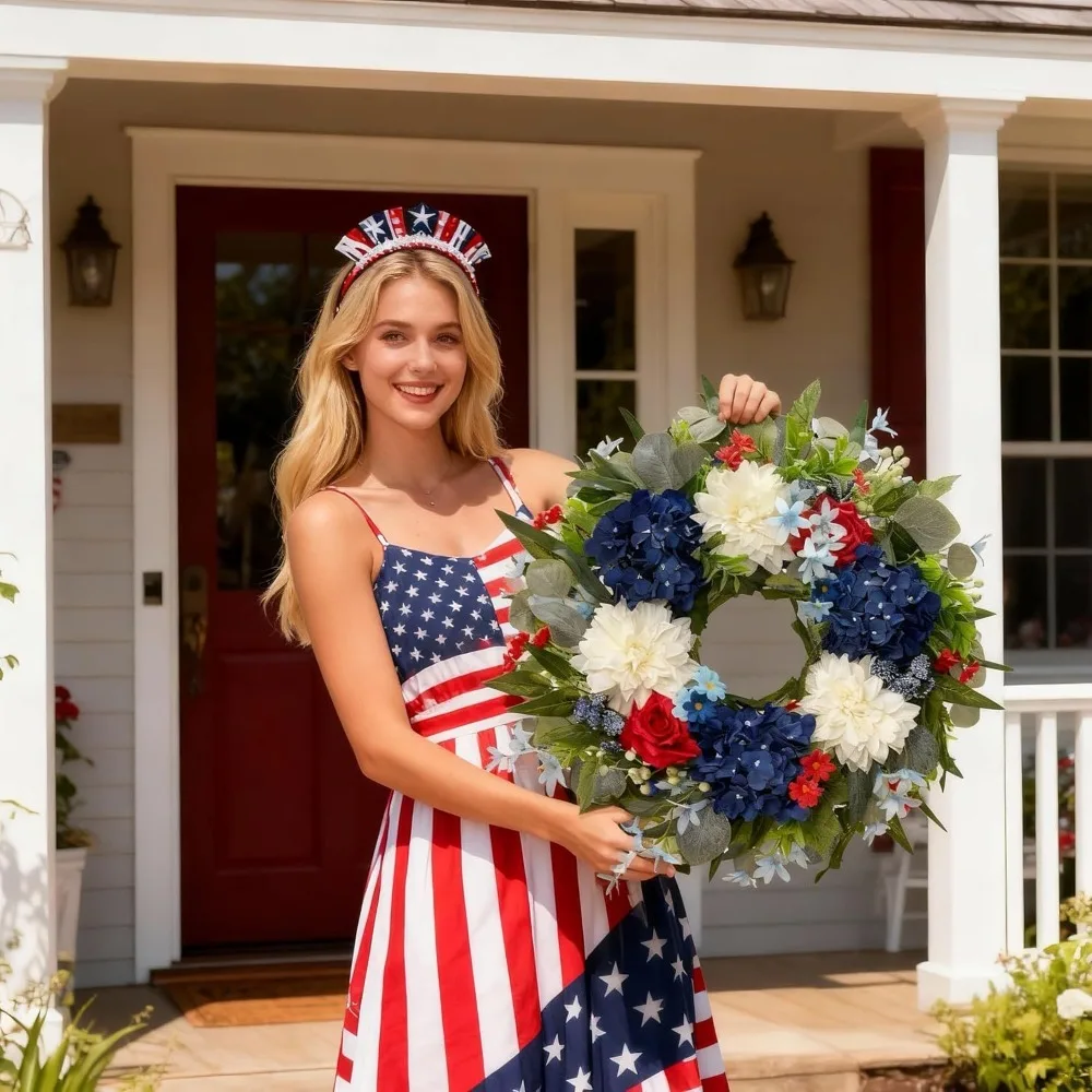 

New Artificial Flower Wreath for Independence Day, Suitable for Home, Garden, Gate, and Wall Decorations, All Year Round.