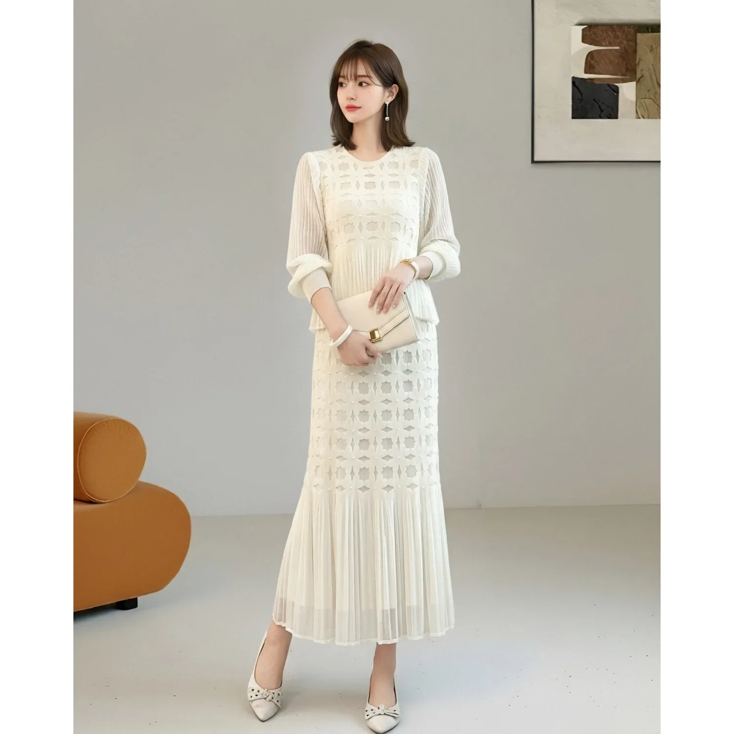 Miyake Style Pleated 2 Piece Set Autumn Hollow Jacquard Top High Waist Pleated Mermaid Skirt Women Suit