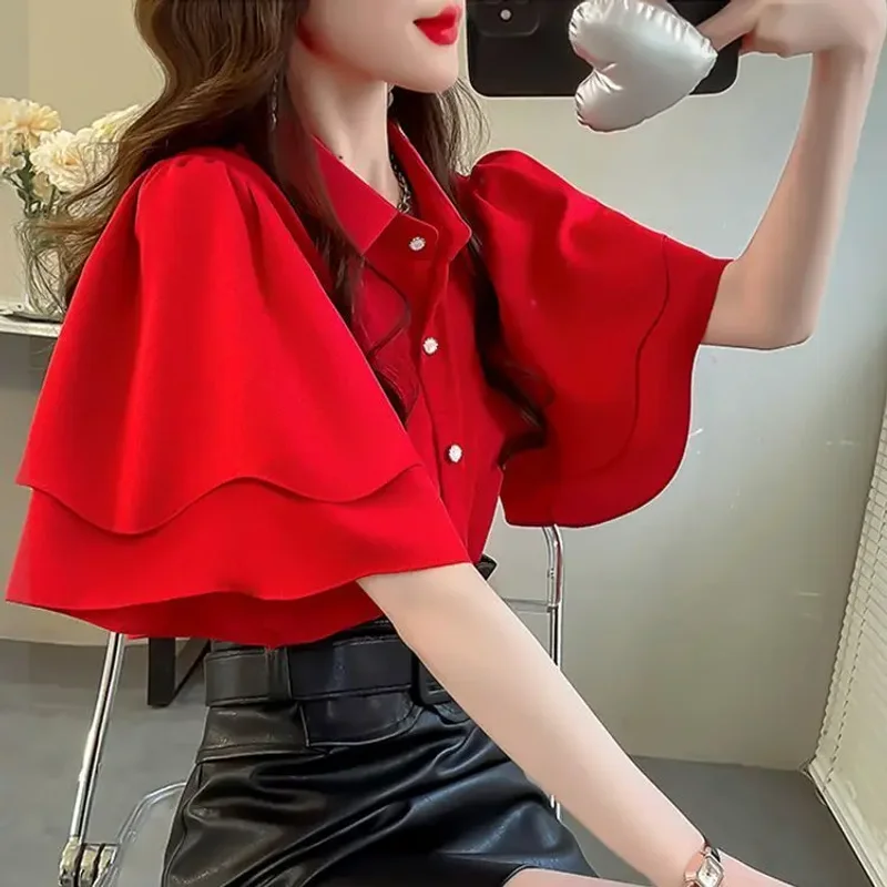 

French Lady's Summer Loose Shirt Women's New Loose Blouse Solid Color Ruffle Short Sleeve Chiffon Top