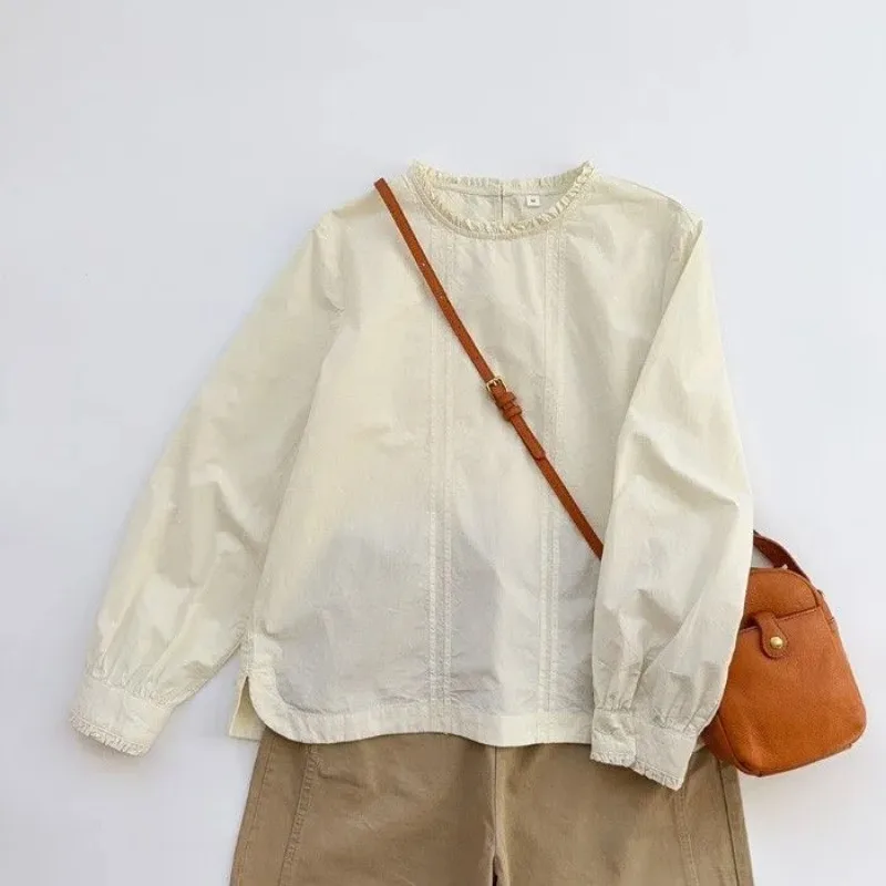 

Women's Summer Beige Ruffled Neck Blouse Long Sleeve Pleated Casual Tops