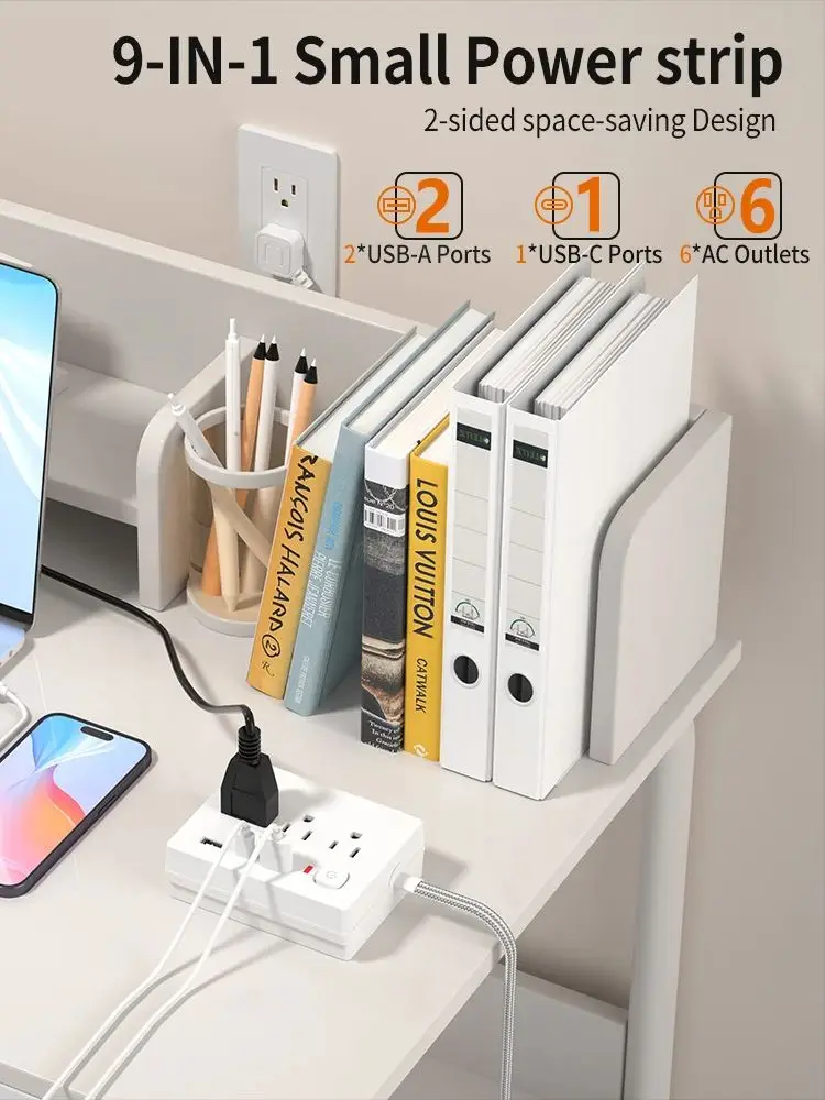 Power socket with surge protector, 6 output power plugs, 2 USB-A and 1 USB-C, with 1.45m braided wire