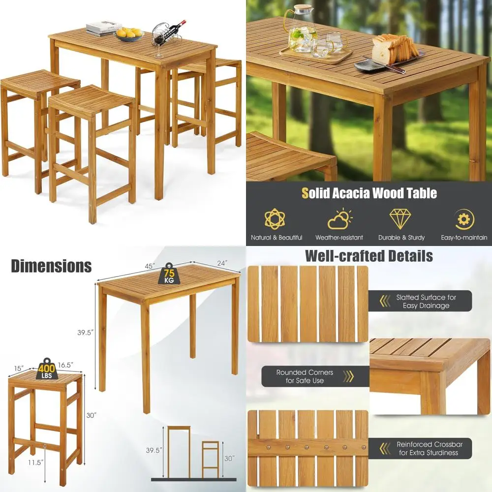 

Outdoor Acacia Wood Bar Set with Rectangular High Table and 4 Saddle Bar Stools