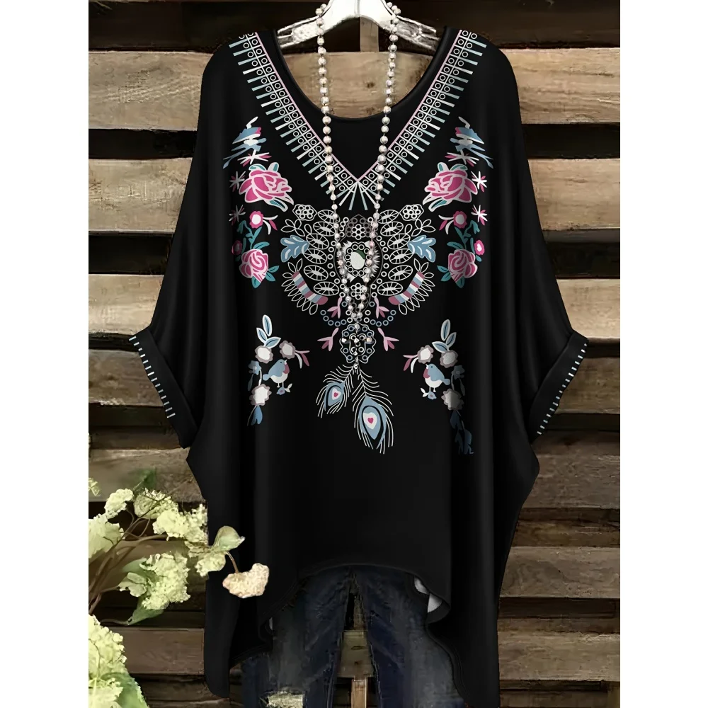 

Женская одежда в стиле ретро, этнический стиль, графический принт, повседневная летняя уличная одежда с нерегулярным подолом и круглым вырезом, женская футболка с коротким рукавом