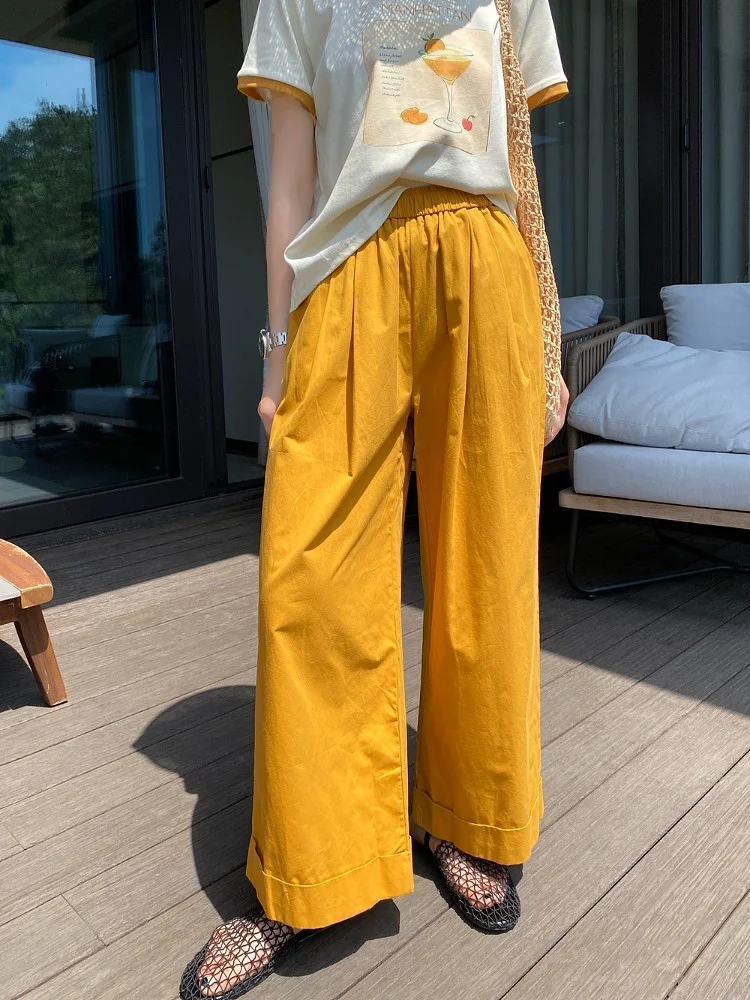 

Женские летние брюки с высокой талией, широкими штанинами, свободного кроя, прямые, длиной до щиколотки, повседневные, в корейском стиле, для офиса и отдыха.