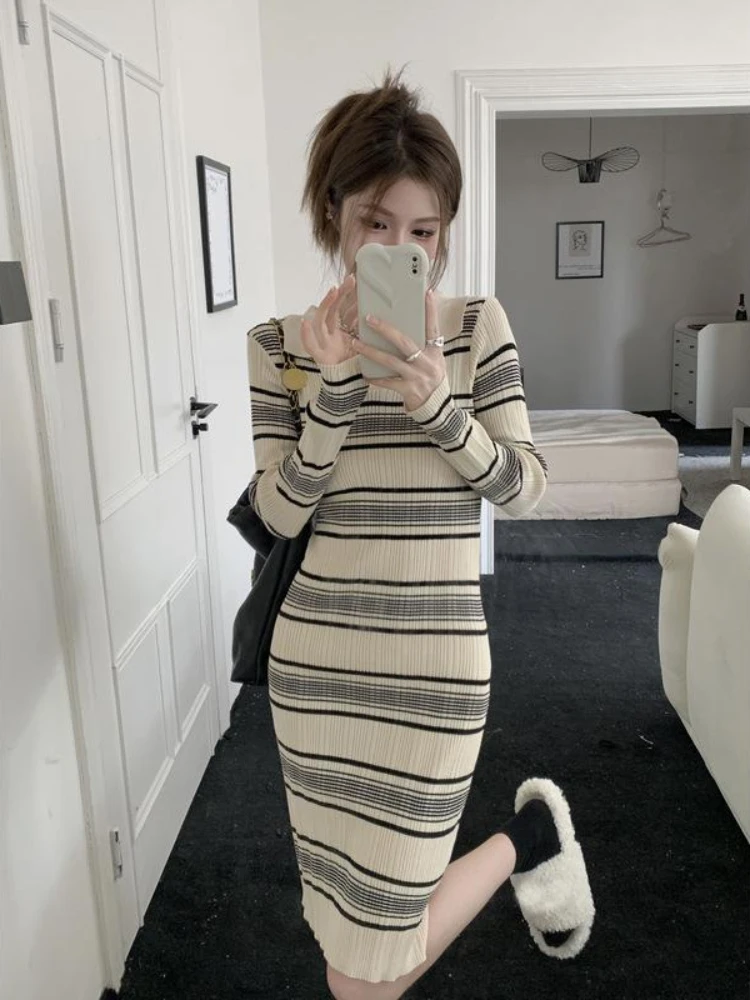 Women's Dresses Party Crochet Colorblock Female Dress Cover Up Knit Midi Prom Knee Length Striped Sexy Daring Clothing New In