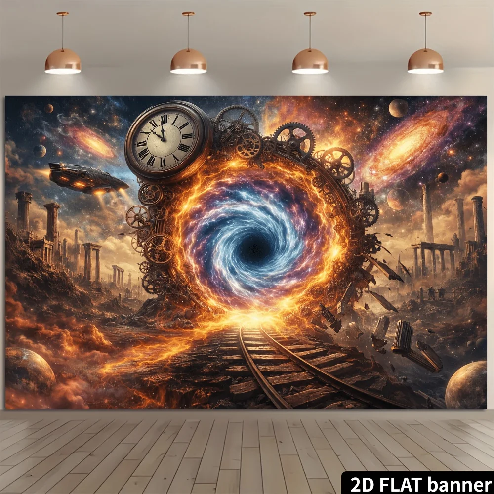 Steampunk Time Travel Tapestry, Vintage Clock & Galaxy Portal Wall Hanging, Sci-Fi Fantasy Art Fabric Poster for Bedroom Living