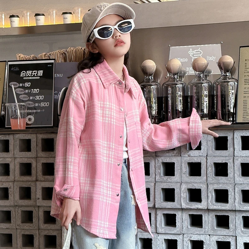 Leisure Girls Blouse Loose Fashion Plaid Shirt Casual Versatile Check Shirt Childrens Summer Coat Long sleeved Girls Autumn wear