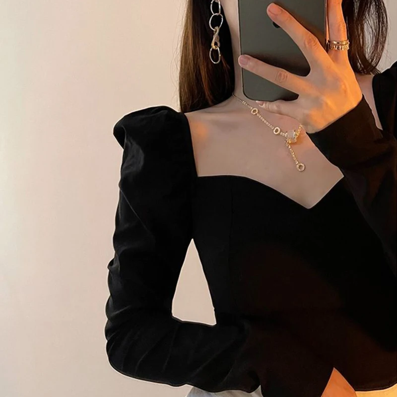 Vintage Elegant Shirts Women Puff Sleeve Square Collar Blouses Office Lady Korean Autumn Black Chic Slim Casual All Match Tops